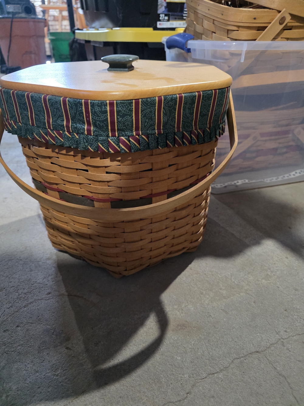 Woven  Basket with Green and Red Fabric Liner